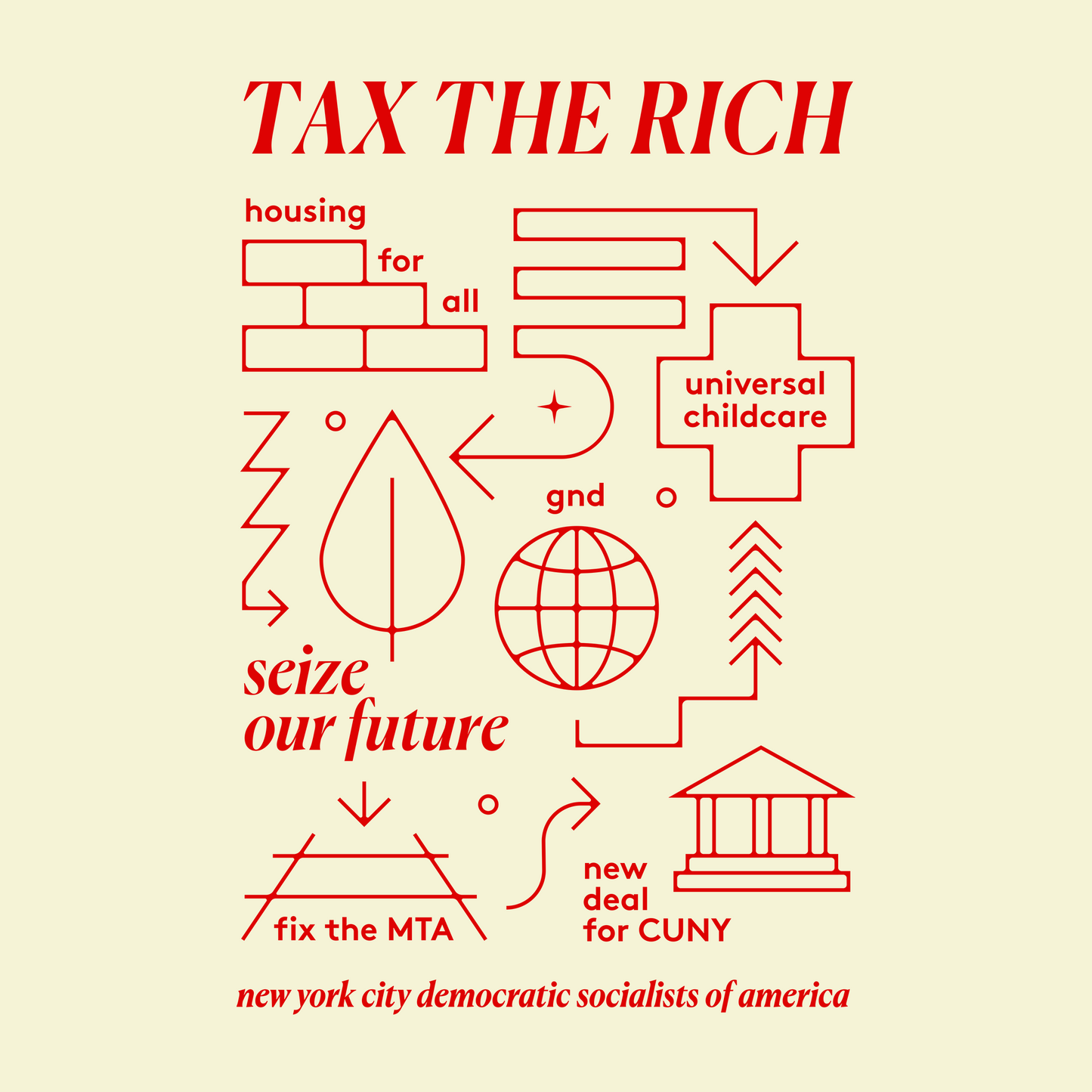 tax the rich, housing for all, universal childcare, gnd, seize our future, fix the MTA, new deal for CUNY, new york city democratic socialists of america