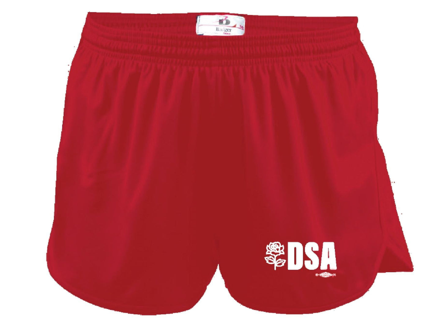 Red track shorts with white text DSA and rose on the leg