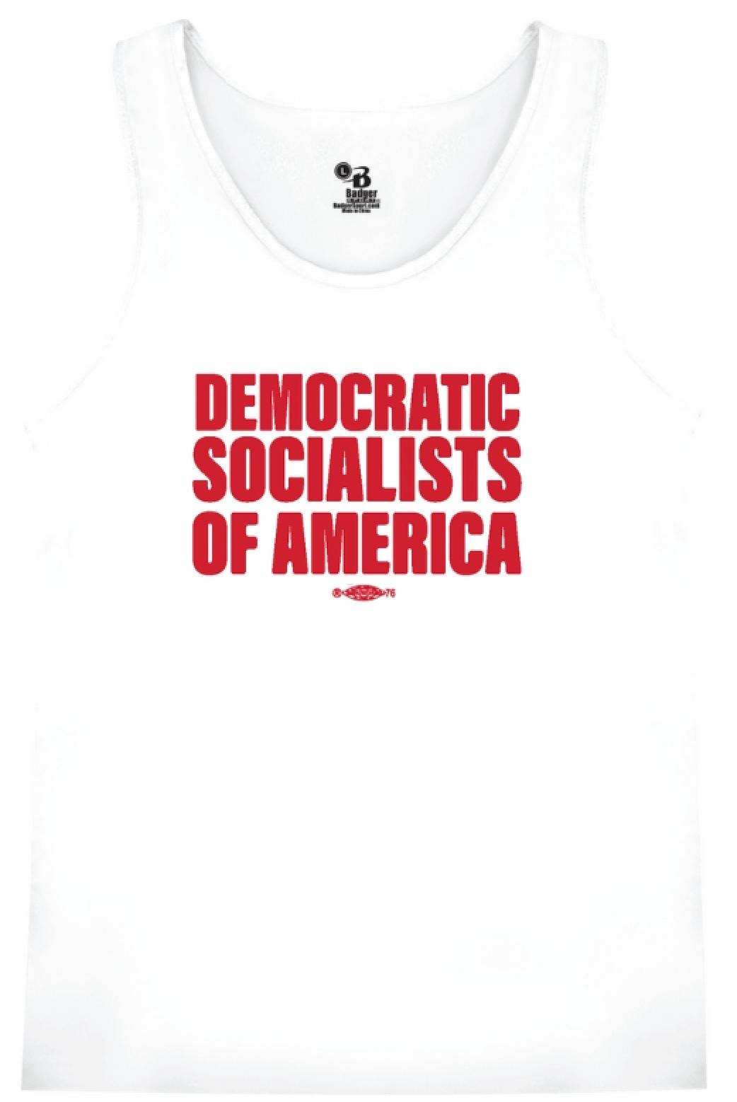 Red DEMOCRATIC SOCIALISTS OF AMERICA text on a white tank top with union bug