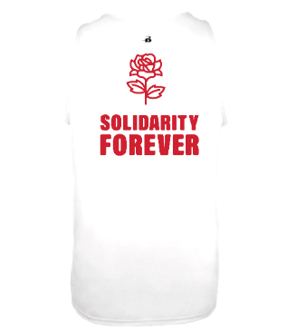 Red SOLIDARITY FOREVER and rose printed on the back of a white tank top